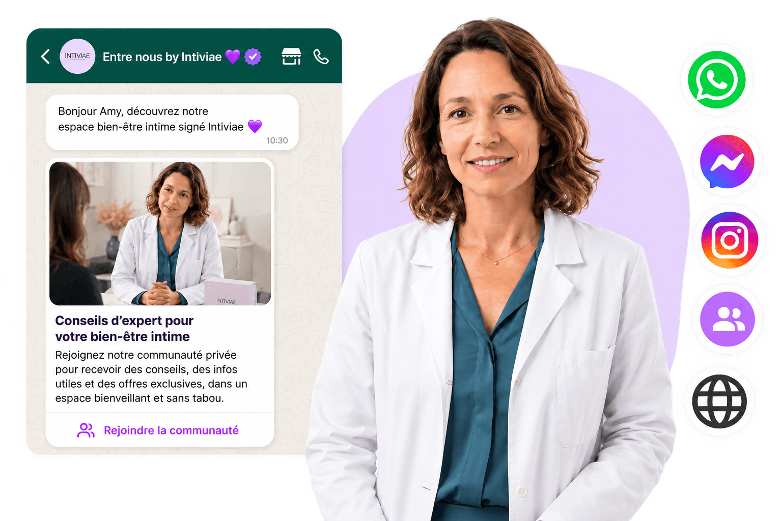 Aperçu de la communauté WhatsApp « Entre nous by Intiviae » : des conseils d'expertes pour votre bien-être intime.