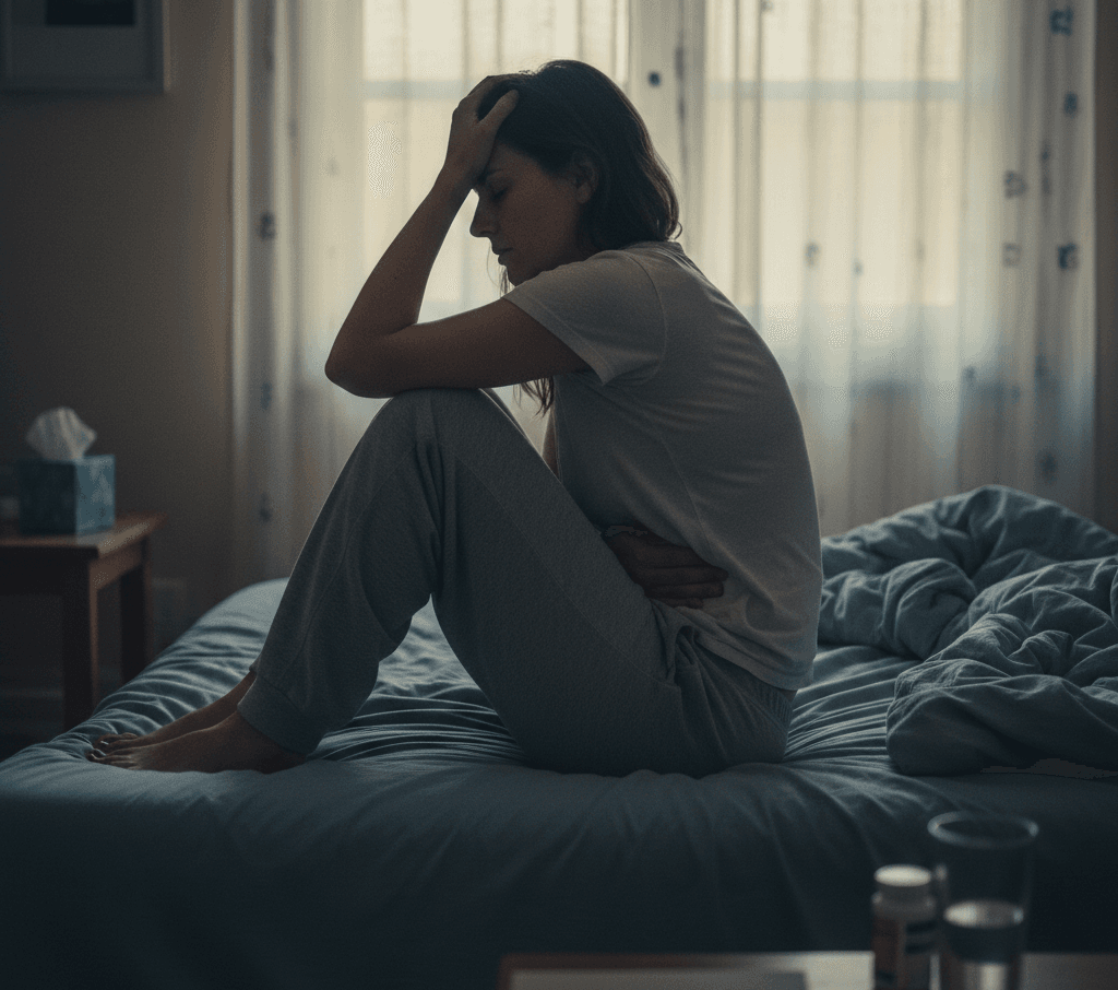 Femme assise sur un lit exprimant un inconfort intime et des douleurs abdominales, ambiance tamisée.